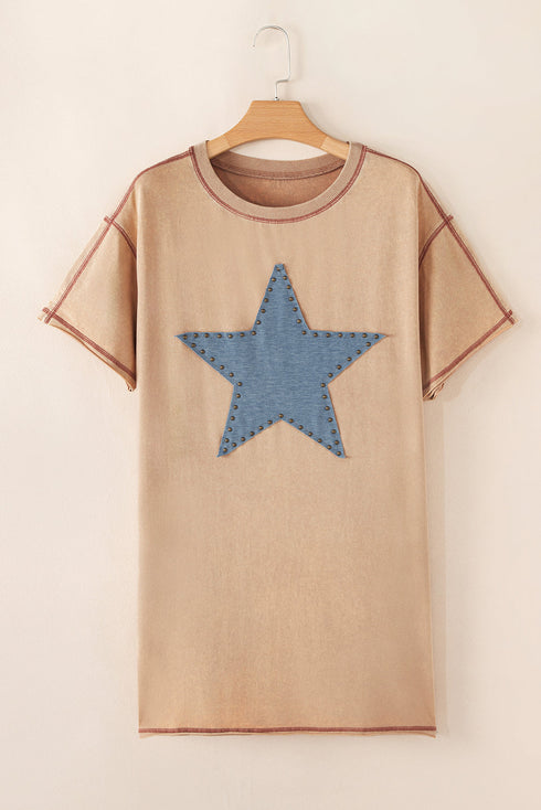 Pale Khaki Mineral Wash Stud Beaded Star Graphic Pocketed T Shirt Dress